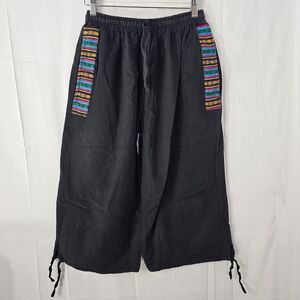 Vtg Cotton Fisherman Pants Black‎ Cropped Wide Leg Trousers Beaded Small Nepal